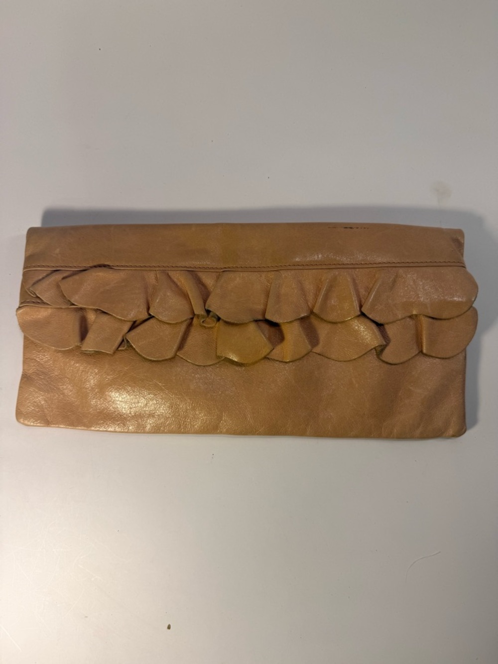 HOBO Tan Leather Clutch with Teal Paisley Lining